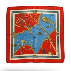 Vintage Equestrian Scarf Red & Blue Hand-Rolled Hem